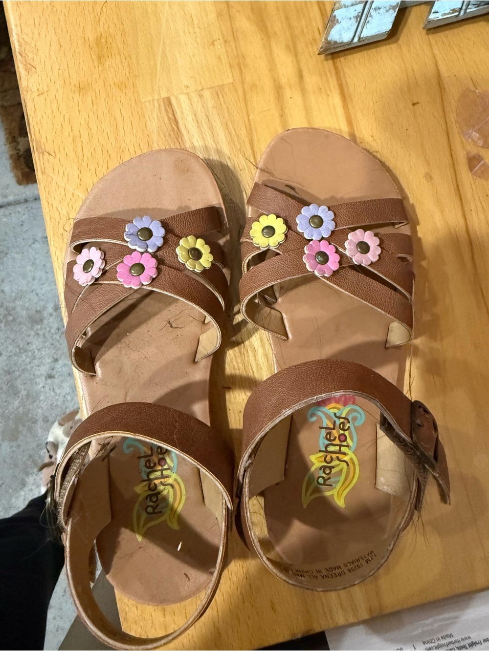 Rachel Shoes Brown Girls Floral Strap Sandals with Pink Purple Yellow Flowers